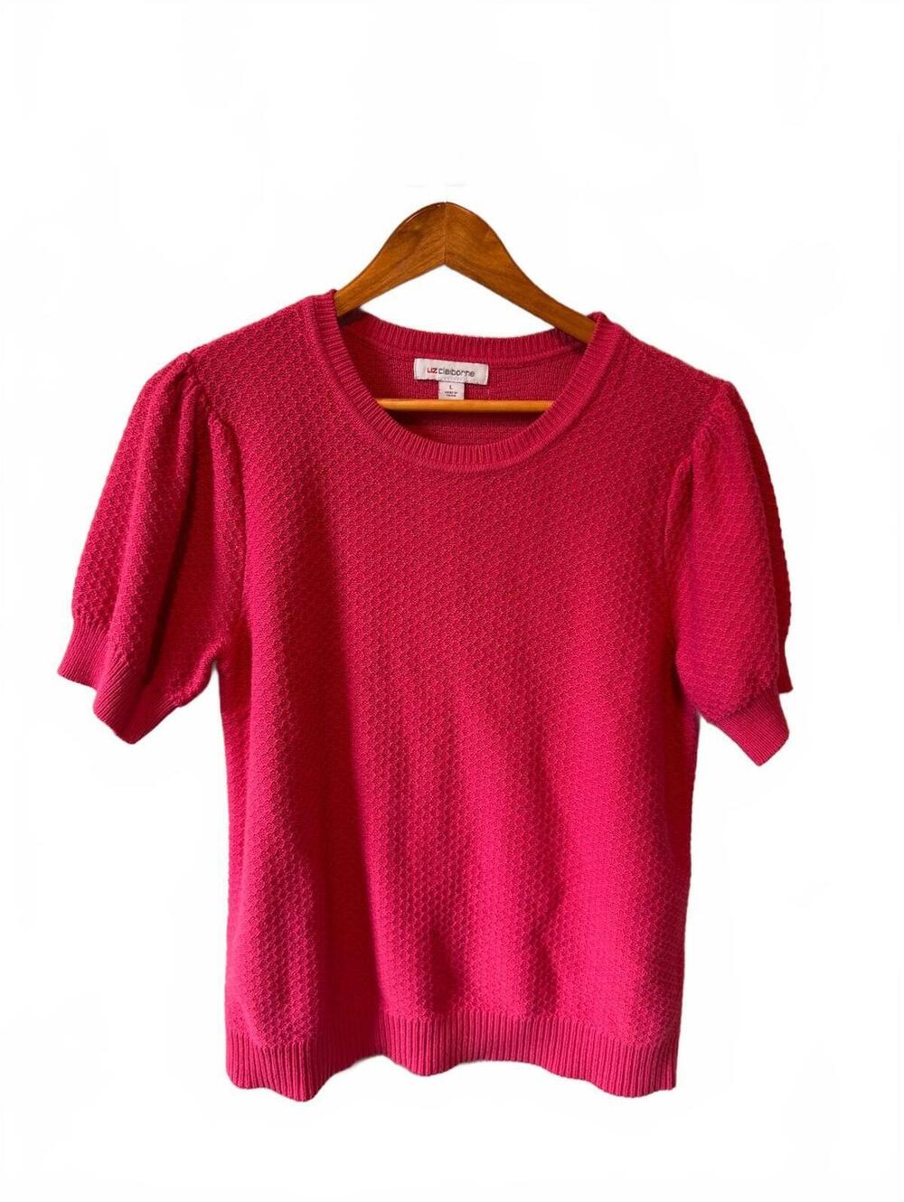 Liz Claiborne Pink Textured Knit Puff Sleeve Sweater Top Sz L Legally Blonde